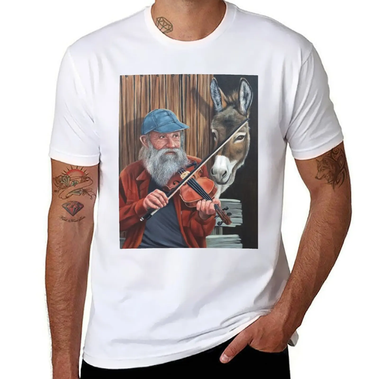 

Old man playing violin for donkey friend T-Shirt t shirt man cotton cotton t shirts man 100% T-Shirt