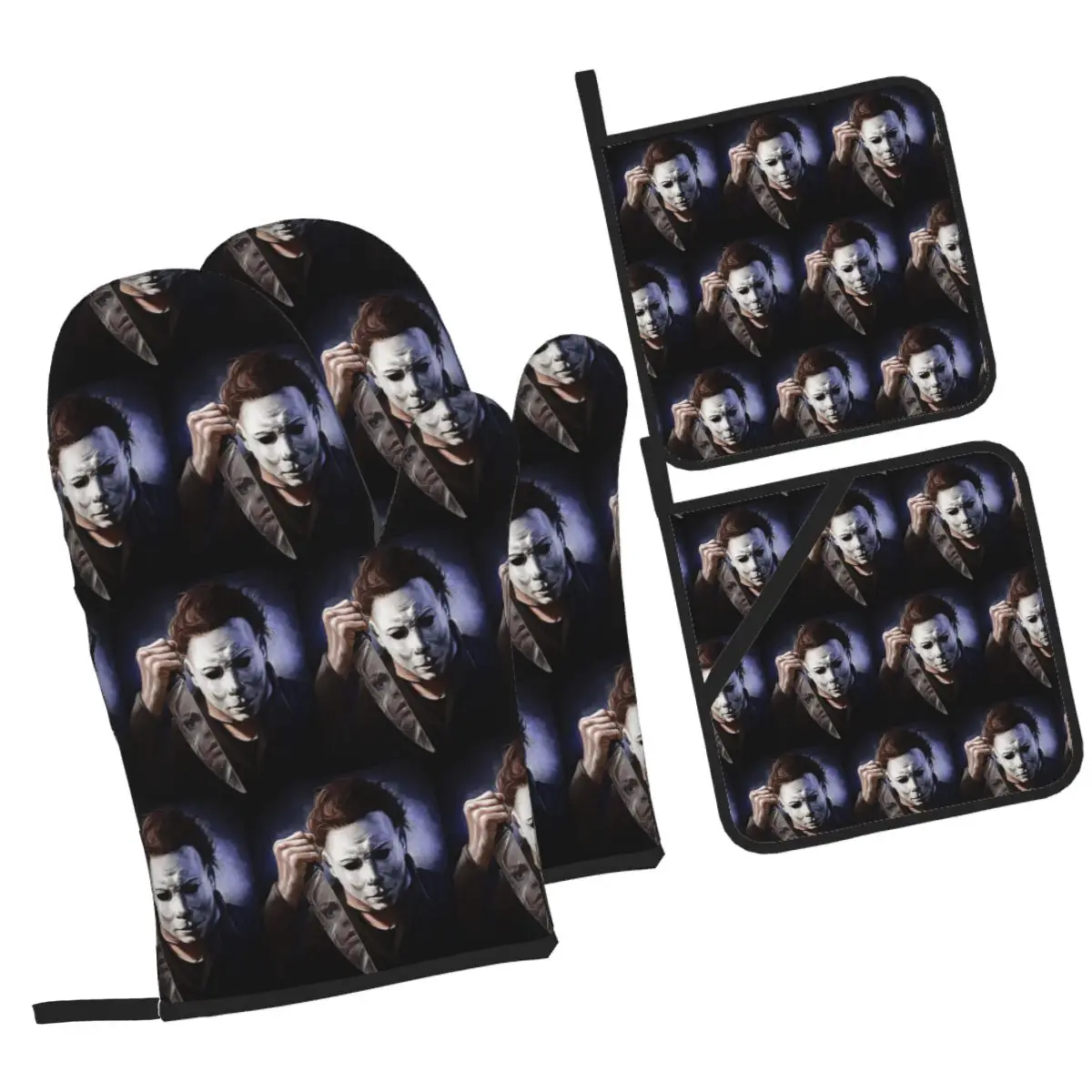 Michael Myers Oven Mitts and Pot Holder Sets of 4 for Baking Kitchen Cooking BBQ Resistant Non-Slip Gloves