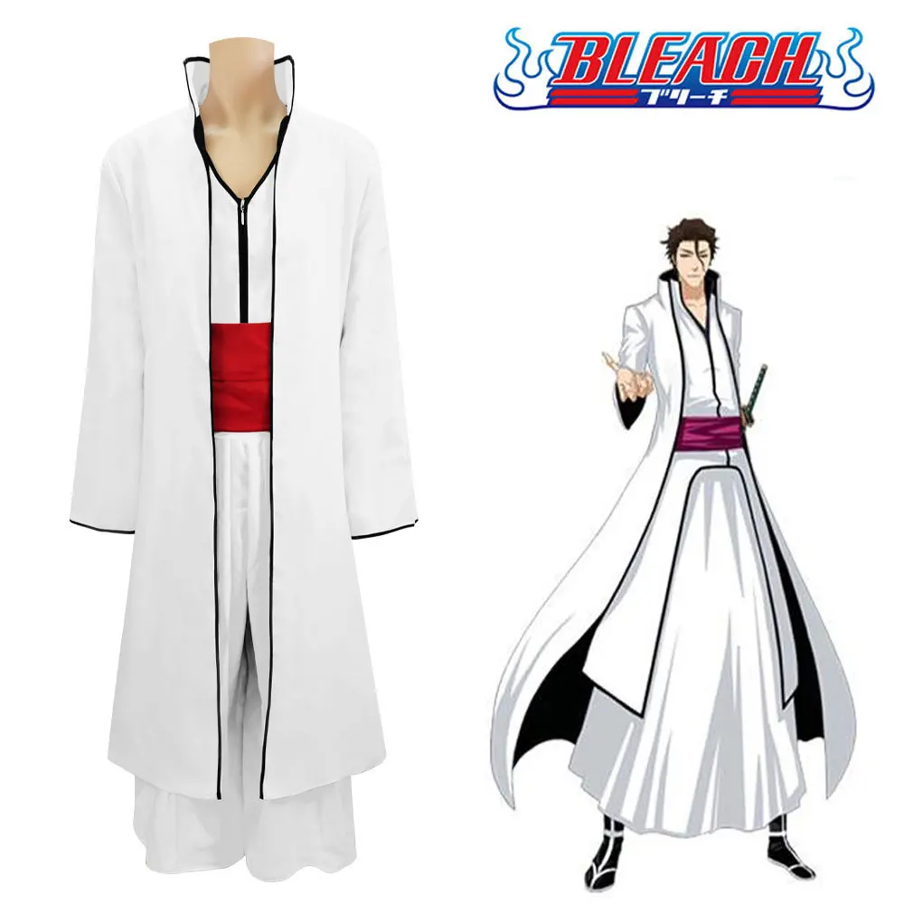 Unisex Anime-Stil Weiße Robe Cosplay-Kostüm-Set Langer Mantel Uniform mit Rotem Gürtel Halloween-Party-Verkleidung