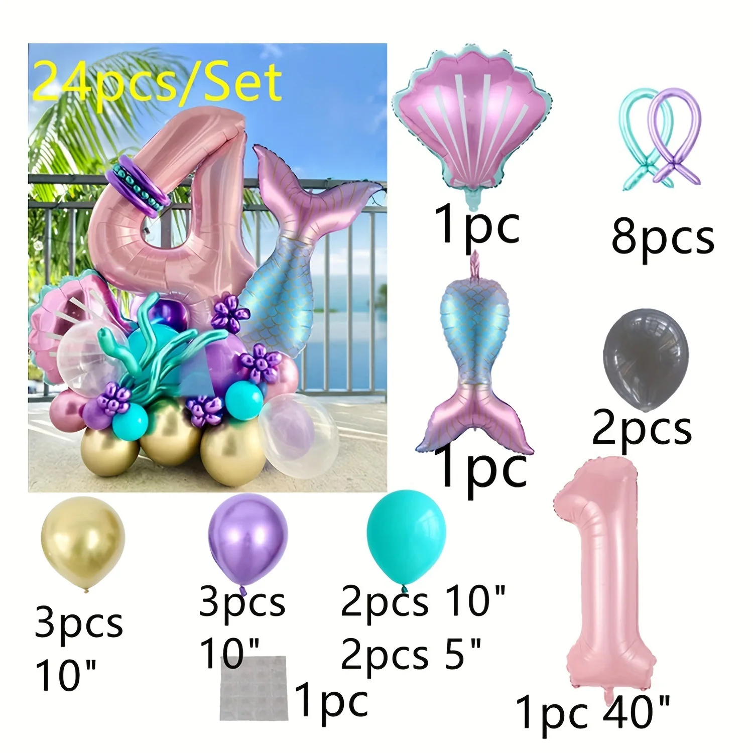 24pcs Mermaid Tail Baby Powder Digital Aluminum Balloon Set Mermaid Theme Birthday Party Wedding Decoration