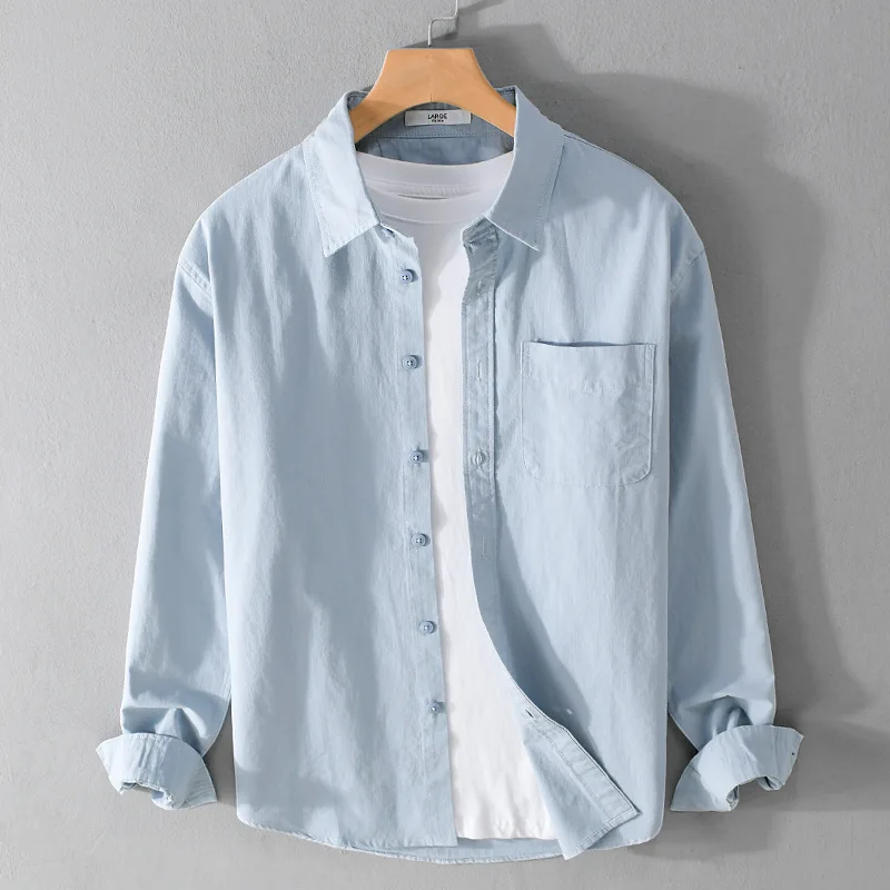 

Pure Cotton Long Sve Men's irt Spring Autumn Loose Casual Versatile White Casual Outerwear Japanese High-End Feeling