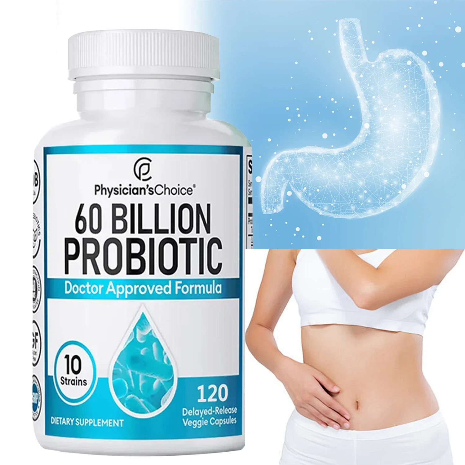 

60 Billion Probiotic Supplement - Contains 10 Strains To Support Gut Flora and Overall Digestive Health, and Relieve Bloating