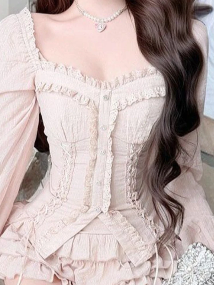 Harajuku الفرنسية الأنيقة 2 قطعة مجموعة المرأة سليم الدانتيل نفخة الأكمام بلوزة عالية الخصر كشكش كعكة تنورة موضة الحلو حفلة الزي #6