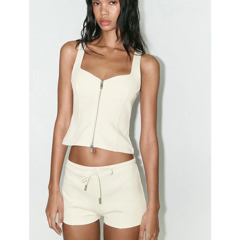 

Sports ort Pants Double-sided Fabric Zipper Casual Thin Sle Heart Collar Top ort Sve V-ne Two-piece Set for Women