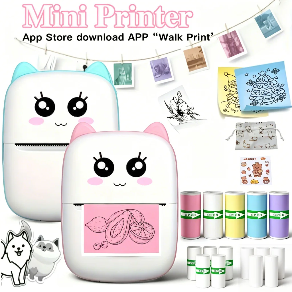 58mm Mini Portable Thermal Printer Cat Shapes Wireless BT 200dpi Photo Label Memo Wrong Question Printing Tag Bluetooth Printer