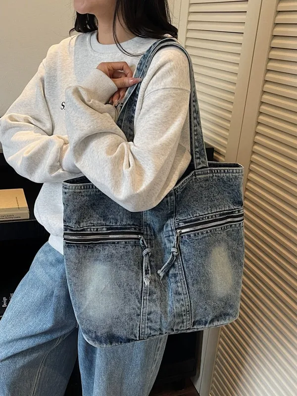 Women Vintage Washed Denim Tote Bag Large Capacity Distressed Jeans Shoulder Bag Casual Multi Pocket Daily Shopper Handbag