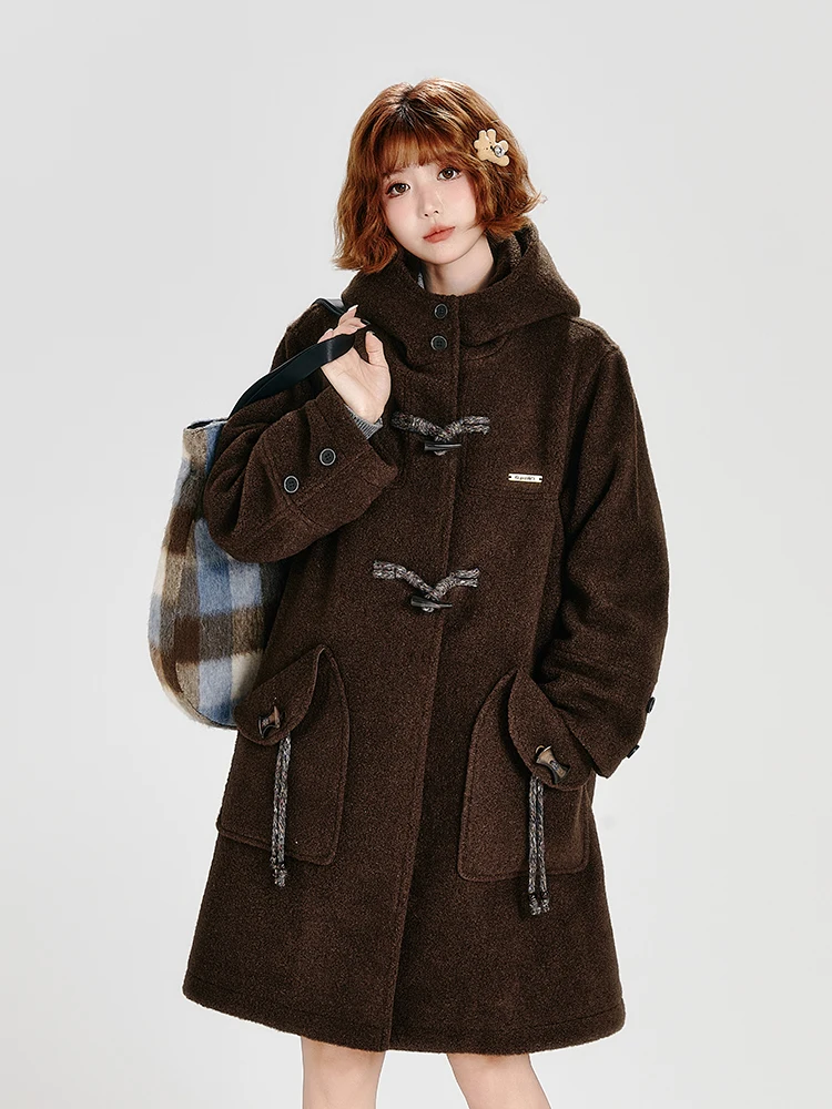 Zimní tlustý vlněný kabát, středně dlouhý, s kapucí, volný střih, teplý, ležérní svrchní oblečení, retro přepínací kabát, teplá dlouhá bunda - náhled 2