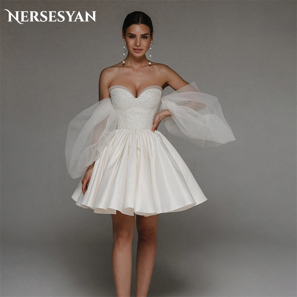 

Nersesyan Glitter Solid Wedding Dresses Simple A-Line Puff Sleeves Sequins Off Shoulder Bridal Gowns Backless Mini Bride Dress