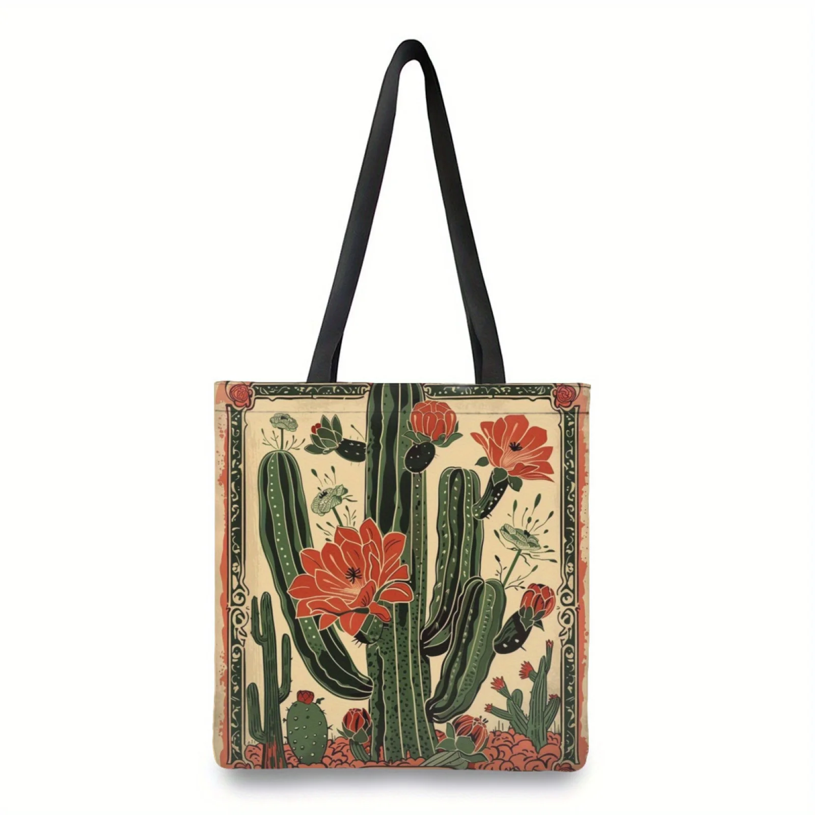 

1pc Vibrant Mexican Cactus Print Tote Bag – Stylish Polyester Shoulder Handbag with Black Straps, Perfect for Everyday Use
