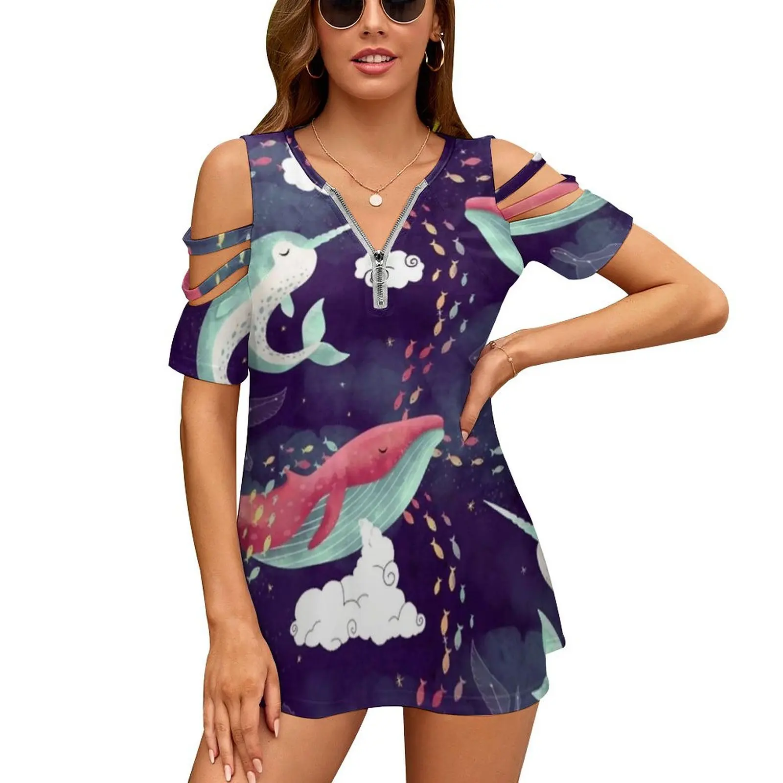 Dream Whales Women T-Shirt Crewneck Casual Short Sleeve Tops Summer Tees Whales Dream Fish Narwhal Stars Space Night Galaxy