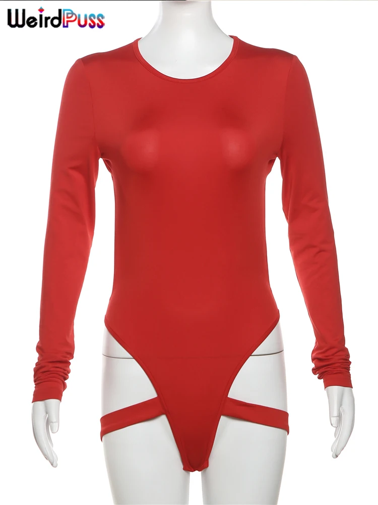 Weird Puss Hollow Backless Bodysuit Woman Summer Sexy Hottie Long-Sleeve Solid O-Neck Bandage Chic Bodyshape Skinny Clubwear Top