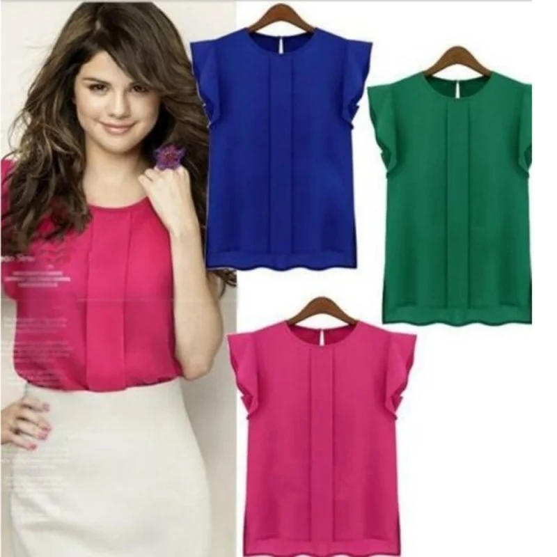 Women Candy Color Chiffon Round Collar Short Ruffle Sleeve Loose Shirt Blouse Tops