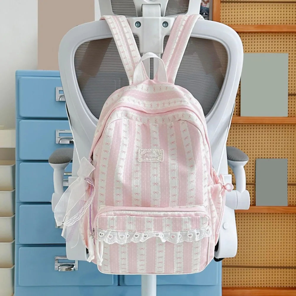 Bow Printed Openwork Lace Student Backpack Lace Bow String Wide Shoulder Strap Travel Daypack Large-capacity Commuting Backpack