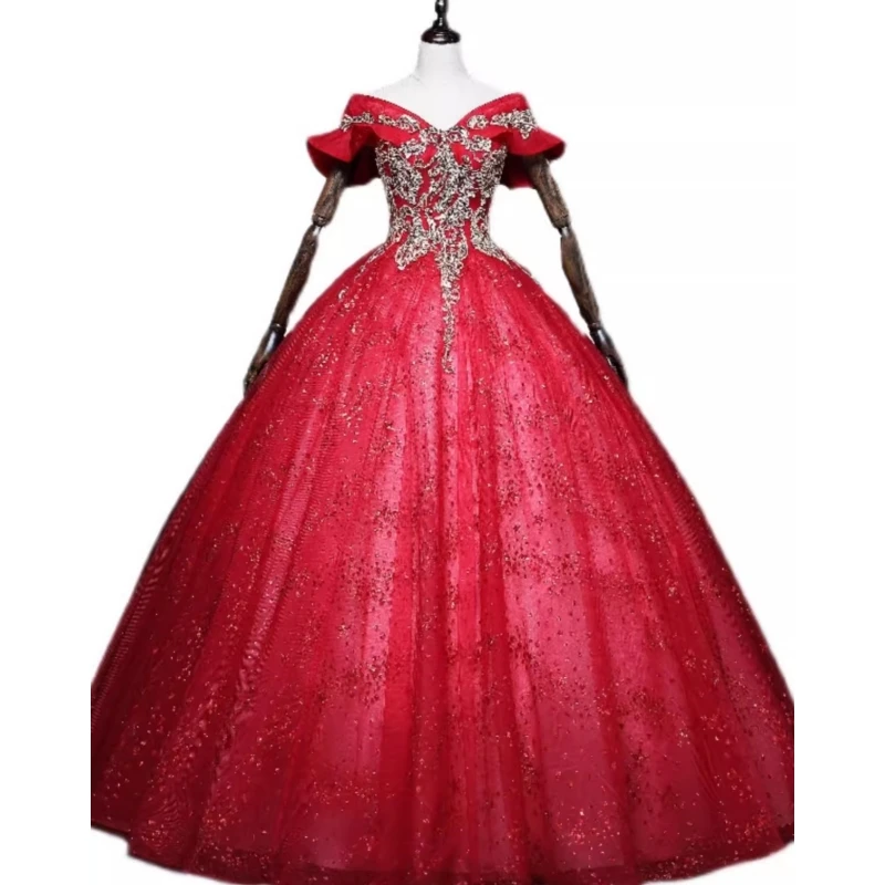 Vestido Puffy de lantejoulas fora do ombro para mulheres, Vestido de noite formal, Quinceanera elegante, Sweet 15 Girl Birthday Party Dress, Vestido de baile vermelho