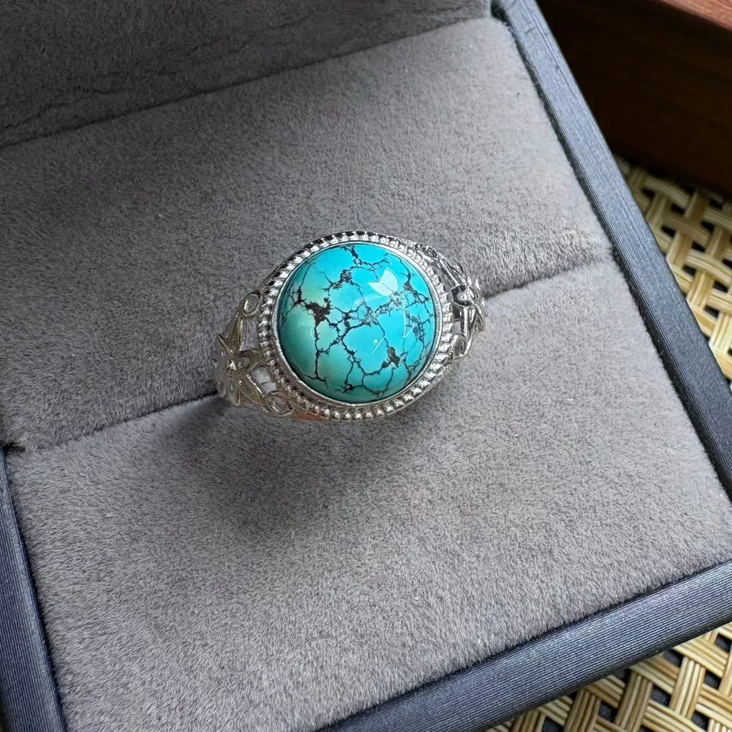 1 Pc Fengbaowu Natural Turquoise Ring Round Oval Cabochon Resizable 925 Sterling Silver Reiki Healing Stone Fashion Jewelry Gift