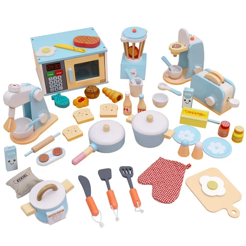 Children Wooden Kitchen Pretend Play House Toys Simulation Toaster Machine Coffee Machine Food Mixer Kids Early Education Gift