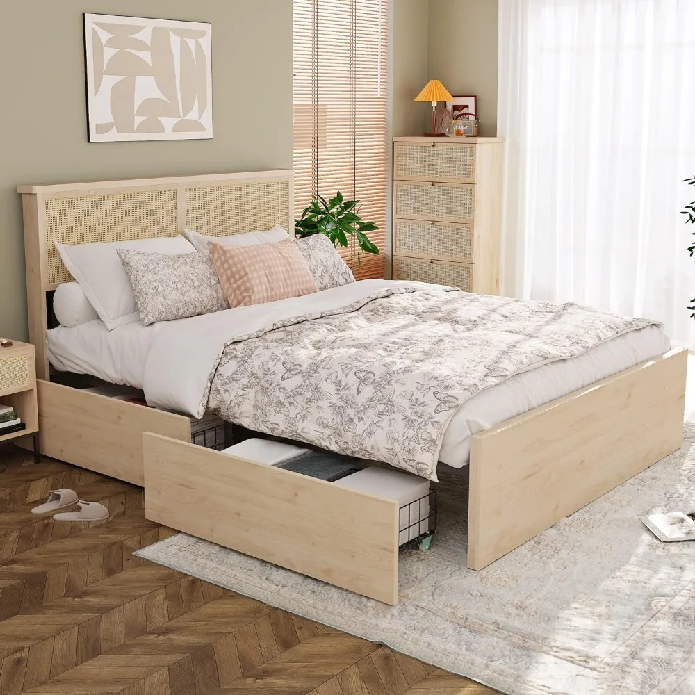 Queen Bed Frame with 4 Wooden Storage Drawer, Natural Rattan Headboard with Strong Wooden Slats Support, Queen Bed Frame