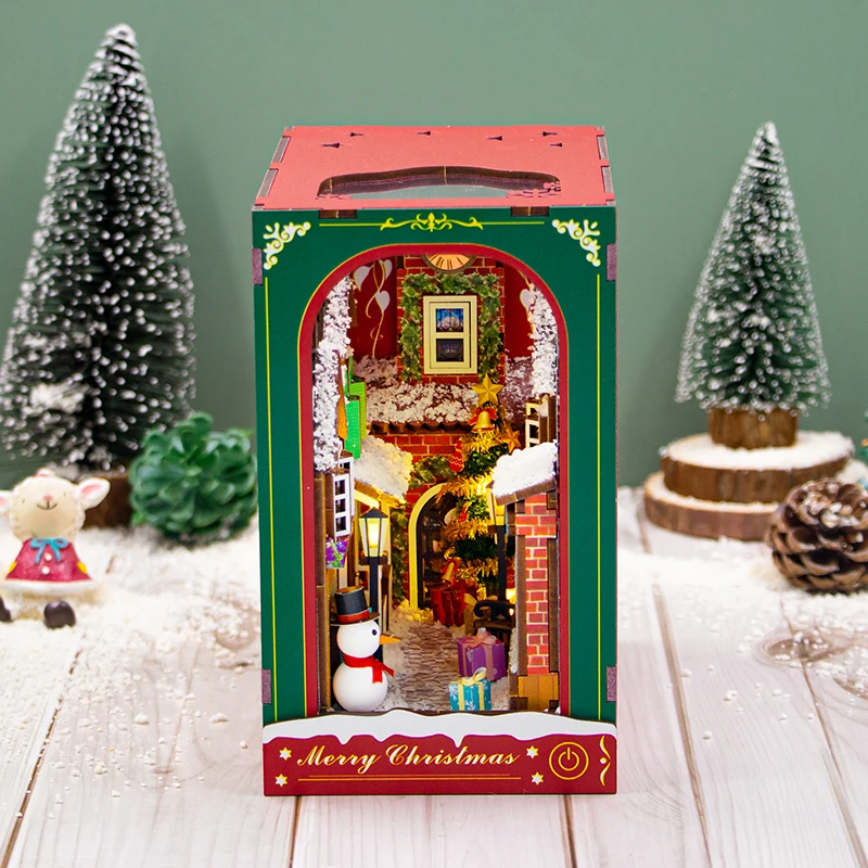 DIY de madera invierno de Navidad libro rincón estante insertar kits de modelos en miniatura con muebles luces estantería sujetalibros regalos para amigos