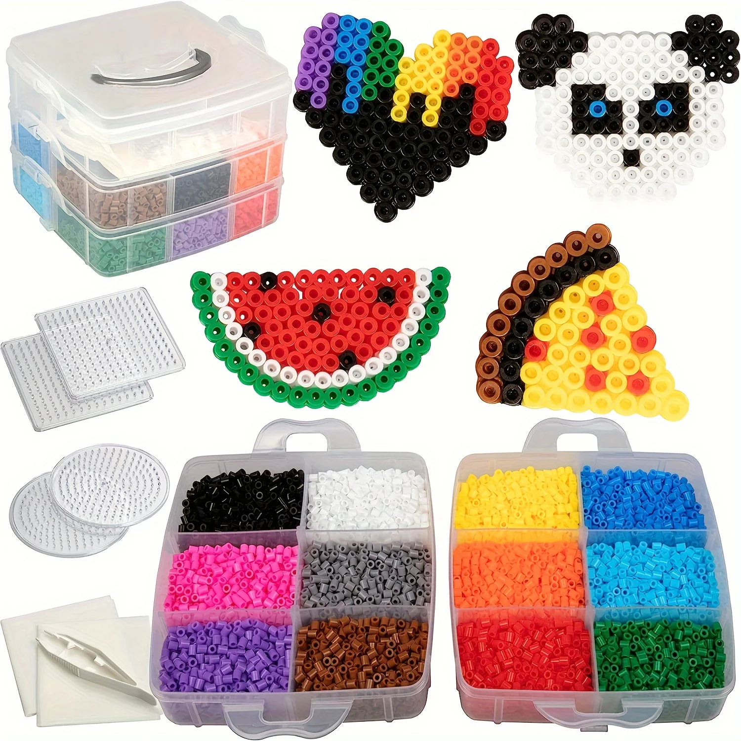 

10000pcs Fuse Bead Super Carrying Case Kit, 12 Multi Colors, Tweezers, Peg Boards, Melt Iron Paper, Bulk Art Craft Hama Beads