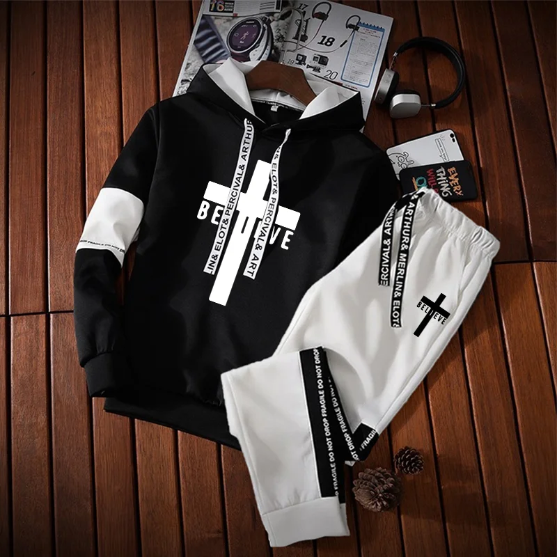 Tracksuit Men's Sweatshirt + Sweatpants 2 Pieces Set Outfits Cross Print Casual Sport Hoodie Suit Fashion Male Pullover Clothes