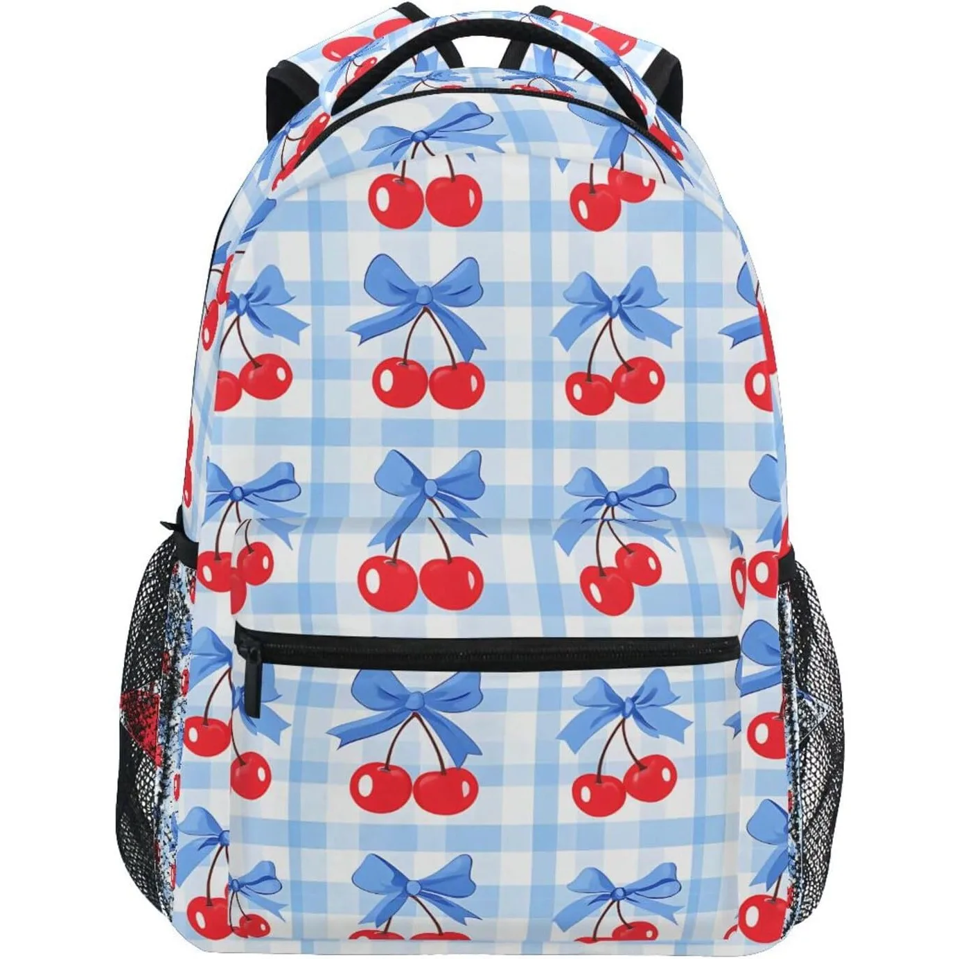 

Light Blue Checkered Cherry Bow Print Backpack Sweet Fruit Pattern Casual Daypack For Girls Kids Students Travel Daily Use