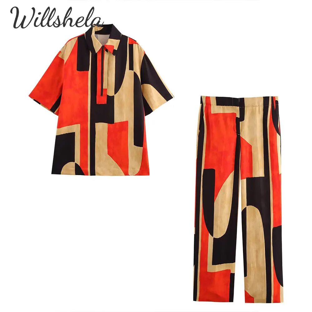 

Willshela Women Fashion 2 Pieces Sets Geometric Printed Shirt and Pant Female Chic Lady Casual Blouse and Trousers Coordinates