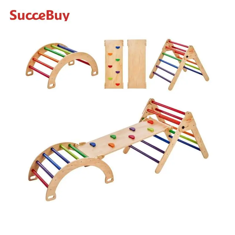 مجموعة SucceBuy Pikler المثلثة 5 في 1 ألعاب تسلق للأطفال الصغار ملعب داخلي للأطفال الصغار 1-3 سنوات مجموعة تسلق خشبية كبيرة الحجم