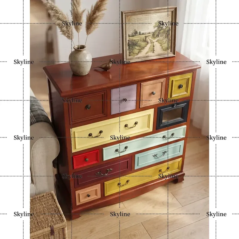 for American Solid Wood Chest Living Room Small Apartment Retro Locker Bedroom Porch Mediterranean Colorful Art Furniture