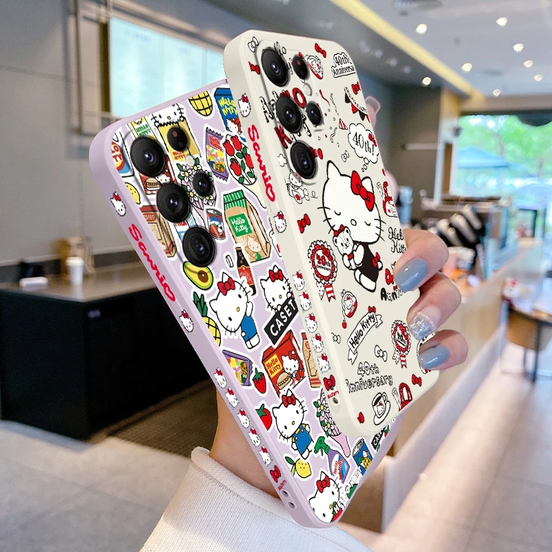 Hello Kitty Sanrio Art Cute Liquid Left Rope For Samsung Galaxy S24 S23 S22 S21 S20 FE S10 Ultra Plus Lite 5G Back Phone Case