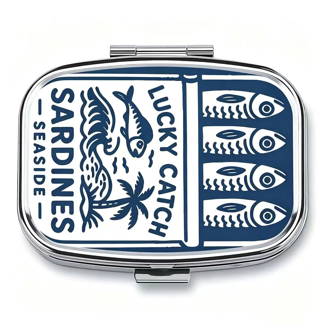 Lucky Catch Sardines Print Metal Pill Box, Portable 2-Compartment Travel Pill Organizer for Vitamins & Pills