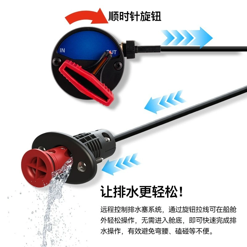 Remote drain plug system, suitable for a variety of vessels, can be easily installed in a 1-inch hole