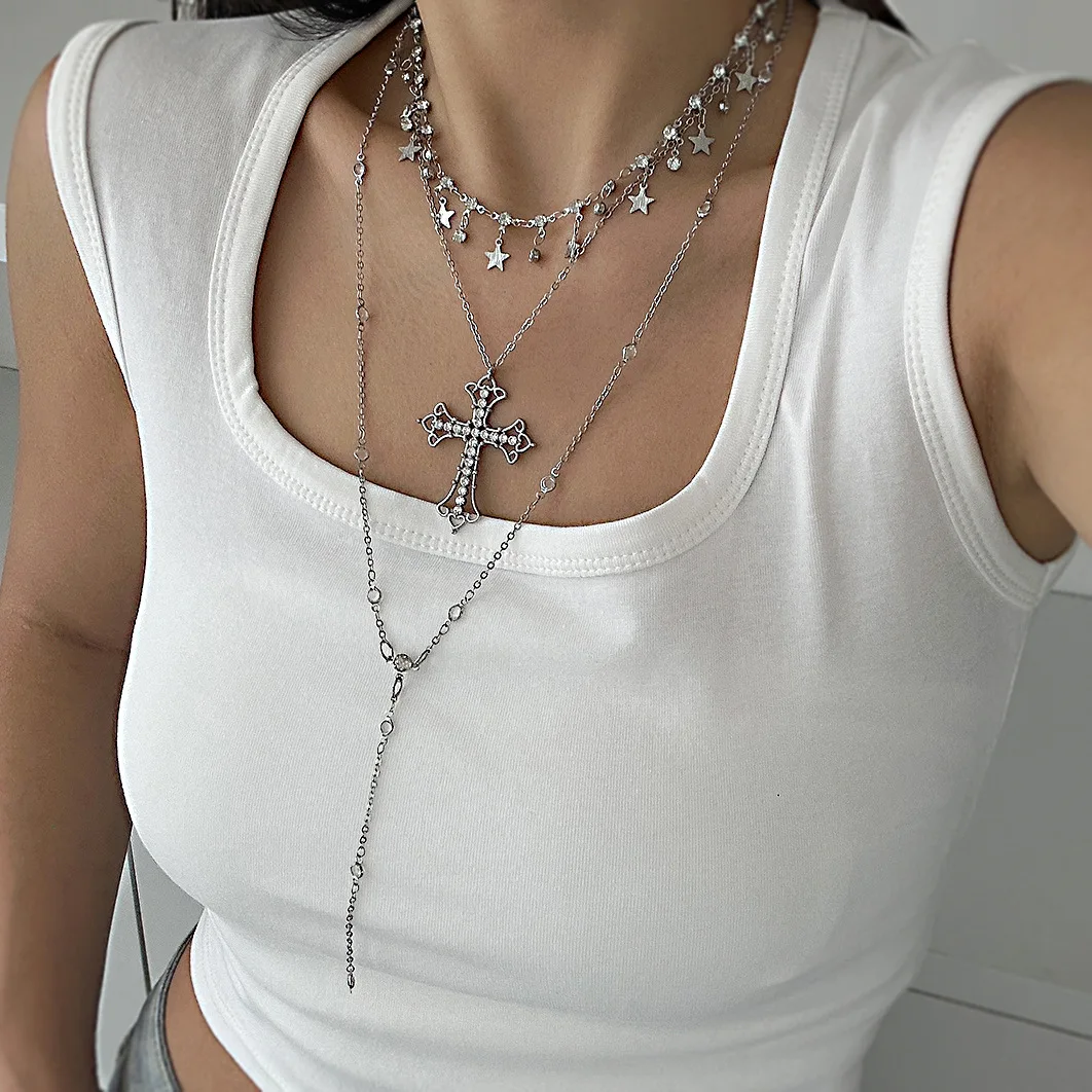 Cross Pendant Long Necklace Star Tassel Vintage Layered Chain Silver Tone Alloy Sturdy Versatile for Women Daily Wear Gift