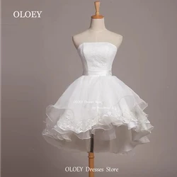 OLOEY Strapless White Short Wedding Dress Soft Organza Embroidery Sleeveless Bridal Gown Formal Princess Prom Gowns Custom