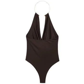 HXAO Brown Halter Bodysuit Women Summer Bodys For Sexy Women Off Shoulder Sleeveless Thong Bodysuit With Open Back Rave Bodysuit 4