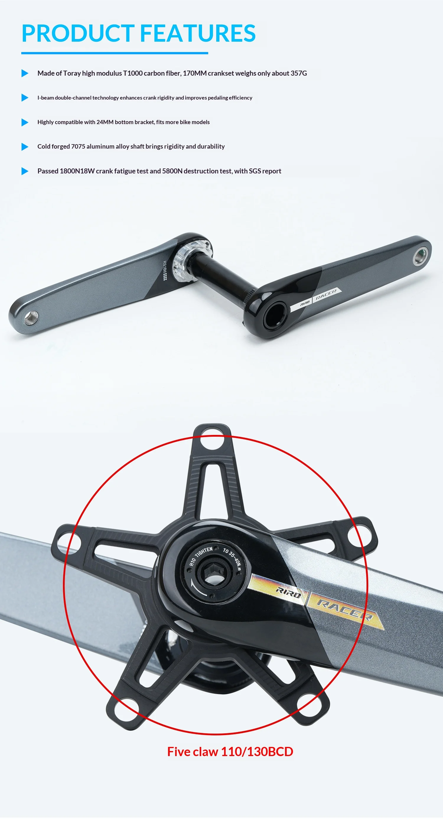 RIRO KSB Carbonfaser-Kurbelgarnitur für Rennrad/Klapprad, 24mm Spindel, 3-Bolzen-Direktmontage, kompatibel mit Leistungsmessern. – Detail 12