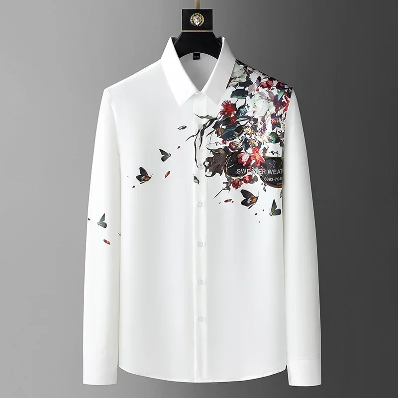 

2023 Spring Flower Rhinestone Shirts Men Slim Fit Casual Shirts Long Sleeve Business Dress Shirts Streetwear Social Party Tuxedo