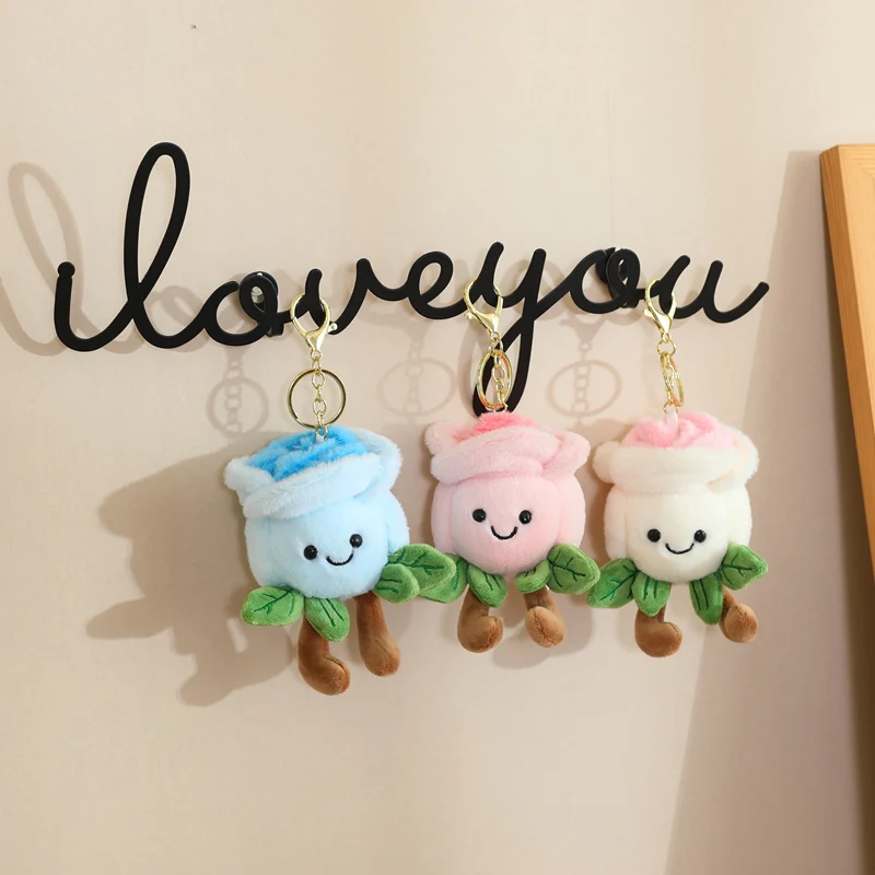 Portachiavi in peluche con fiore artificiale Kawaii Ciondolo in peluche con rosa carina Portachiavi con animali morbidi Portachiavi con fibbia per chiave per auto Borsa da donna per ragazza