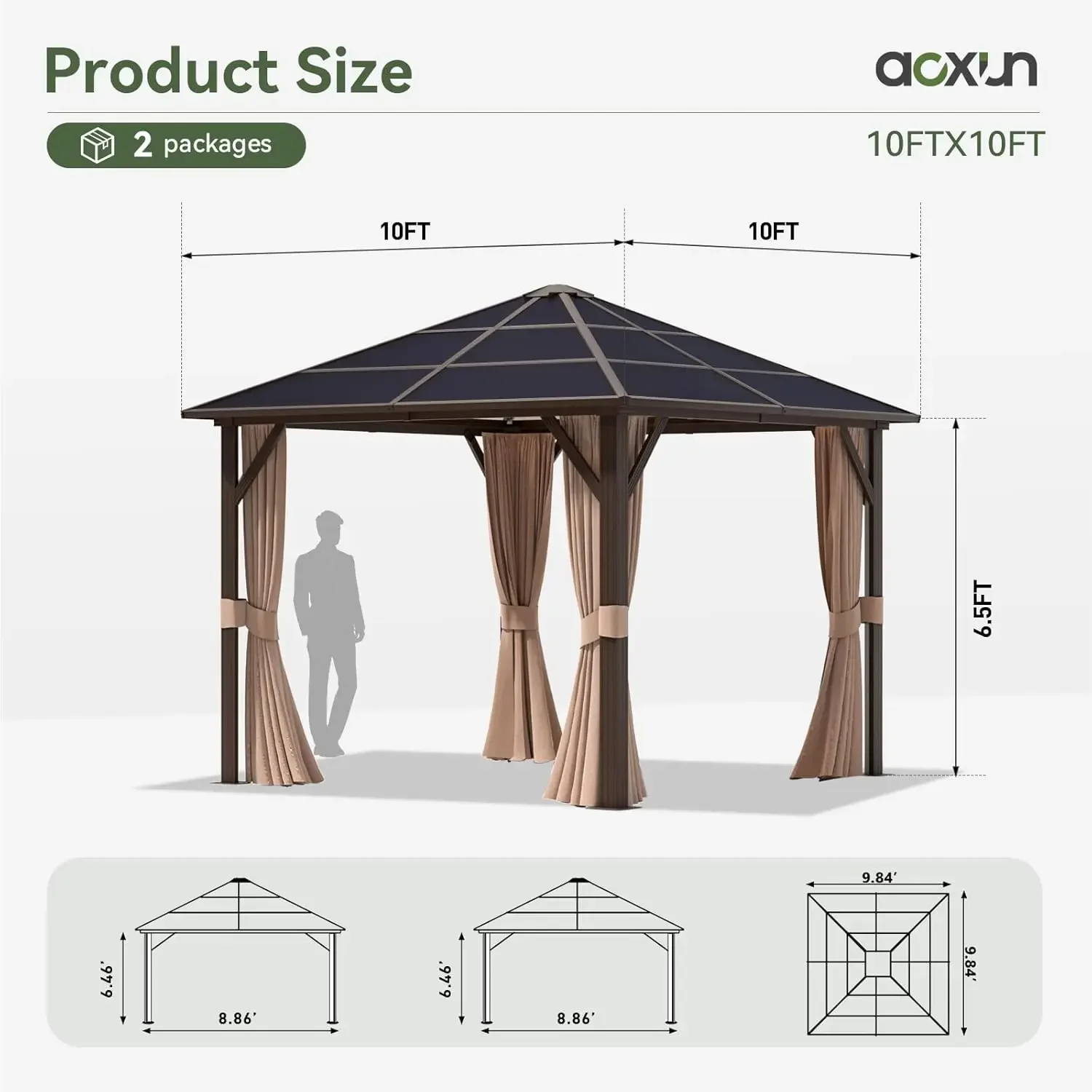 

Aoxun 10' x 10' Gazebo Single Polycarbonate Top, Outdoor Polycarbonate Frame Permanent Pergolas with Curtains and Netting,