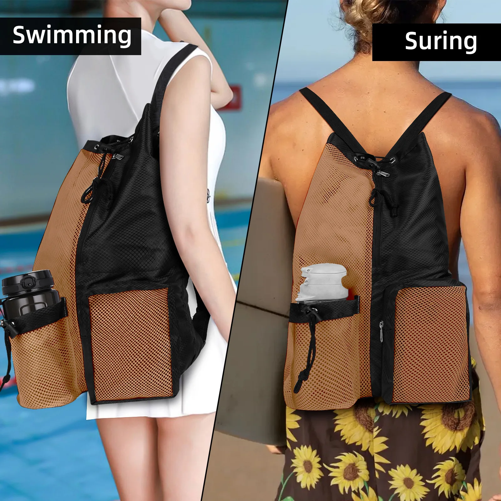 Swim Bag Mesh Drawstring Backpack with Wet Pocket Multipurpose Beach Backpack for Swimming, Gym, and Workout Gear