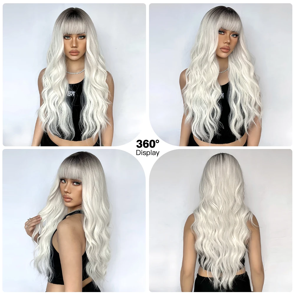 ALAN EATON Long Ombre Blonde Synthetic Wigs Natural Wavy Wig with Bangs for Daily Use Soft High Temperature Fiber Party Cosplay