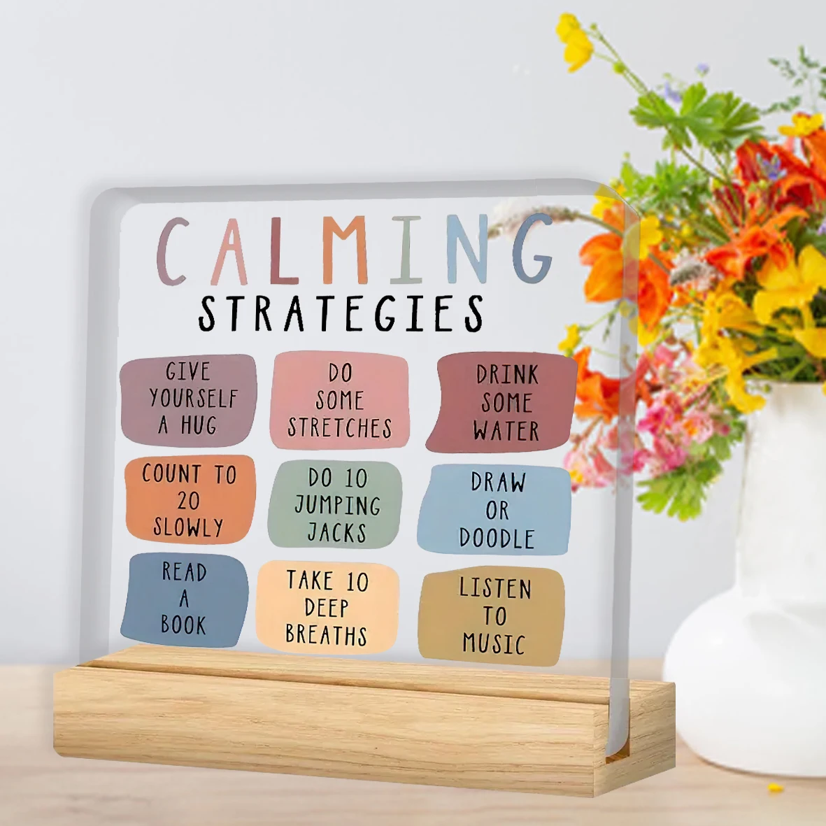 Calming Strategies Acrylic Desk Decor: Colorful Mental Wellness Reminder Plaque with Stress-Relief Tips – Ideal for Classrooms,
