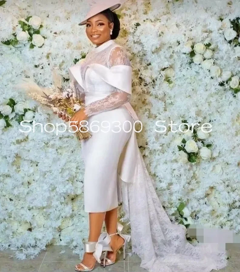 Aso Ebi Plus Size White Civil Wedding Dress Lace Satin Short Mini Full Sleeves Vintage Wedding Dress Pearls customized