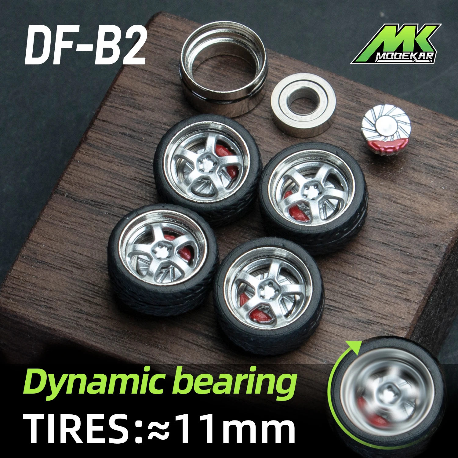 1/64 Scale Dynamic bearing wheels modified wheels Car model rotary disc brake calipers Metal wheels with bearing rubber tires