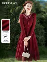 I BELIEVE YOU Christmas Dress Red Bow Lace-up Knitted Long-sleeve 2023 Winter New Sweater Dress Patchwork Mesh Lady CMQ224581A