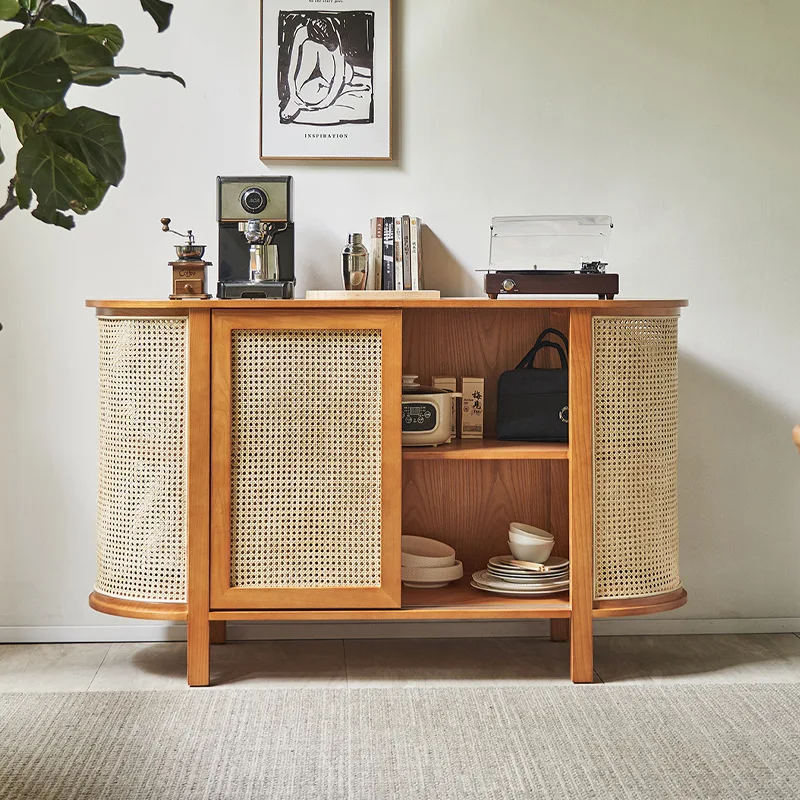 

Nordic solid wood rattan sideboard simple household storage locker living room ins small-sized wall storage cabinet