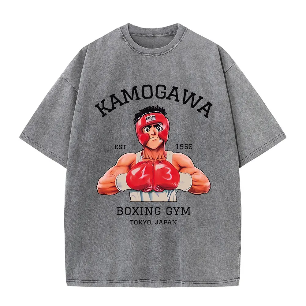 Vintage Cotton Washed T-Shirt Anime Hajime No Ippo Kamogawa Boxing Gym Loose T Shirts Men Women Y2K Hip Hop Summer Top Tee