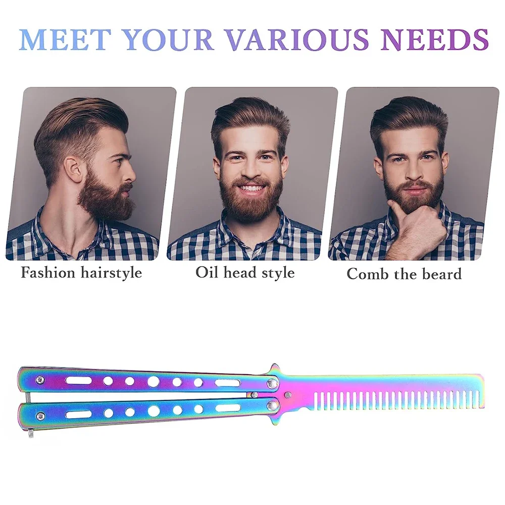 Sdotter Foldable Hair Comb Stainless Steel Practice Training Butterfly Knife Comb Beard Moustache Brush Salon Hairdressing Styli