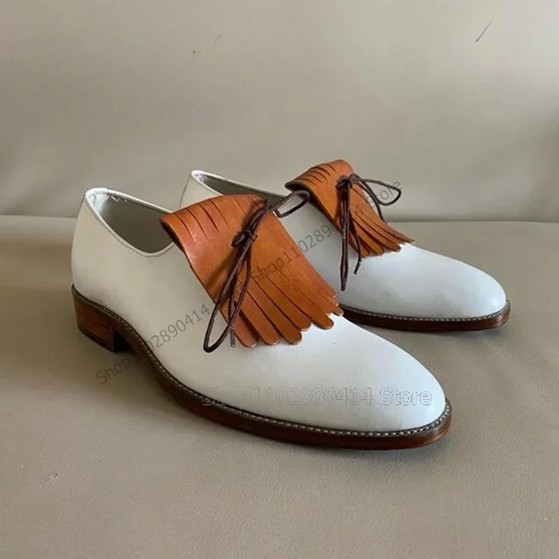 

Orange Tassels Bow Knot White Round Toe Loafers Fashion Slip On Men Shoes Luxury Handmade Party Banquet Office Men Dress Shoes