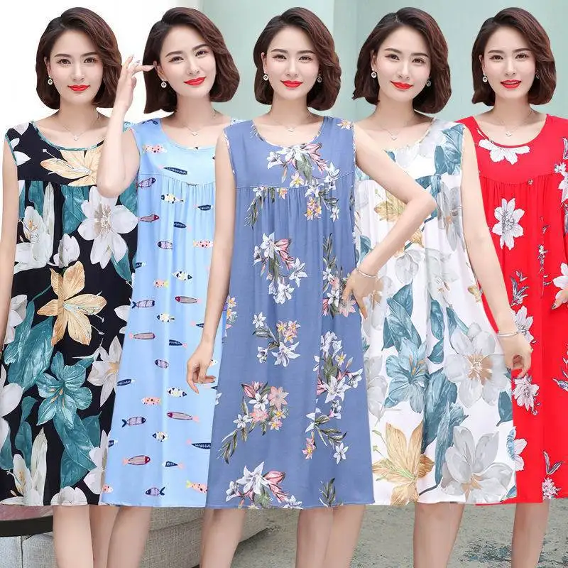 Summer Middle-Aged and Elderly Cotton Silk Nightgowns Pajamas Women\'s Dresses Large Size Mother\'s Casual Nightgowns Homewear