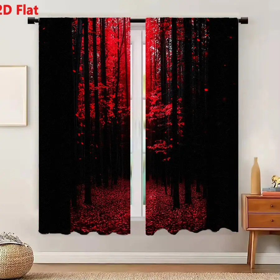 2Pcs Curtains Add 2D Flat Dense Surreal Forest Red And Black Palette Tall Slender Trees Glowing Luminous Center Fallen Leaves My